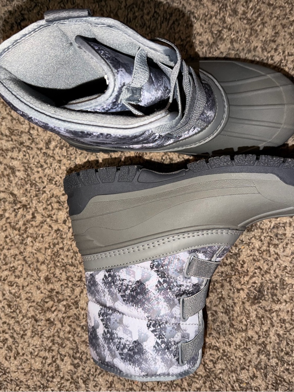 Kids Gray Insulated Winter Boots with Camouflage Print